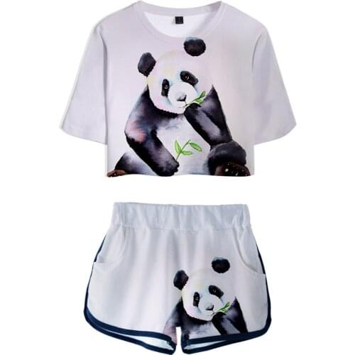 Cute China Panda Dew navel Sport Girl Short Sleeve tracksuit Beautiful Girls Hot Sexy Cool Two Pieces sets T-shirts shorts Pants