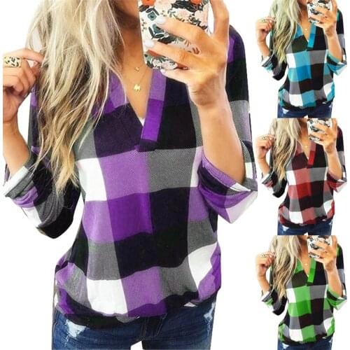 HOT SALES!!! New Arrival Fashion Women Plaid Print V-Neck Loose Long Sleeve Pullover Blouse Shirt Top Wholesale Dropshipping