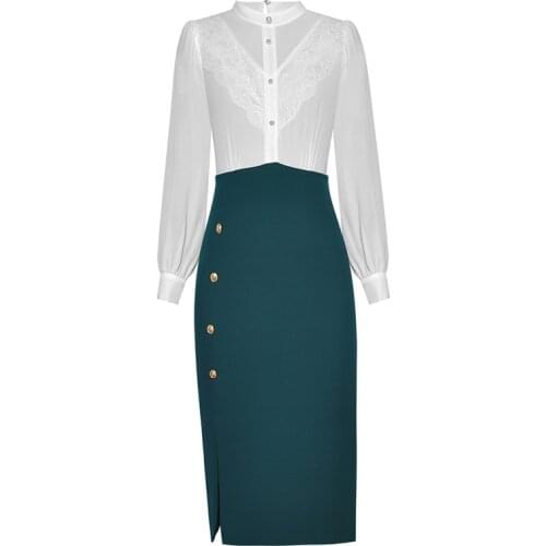 Newest HIGH QUALITY Fashion 2021 O-Neck Lantern Long Sleeve Lace Stitching Bag Hip Split Professional Dress