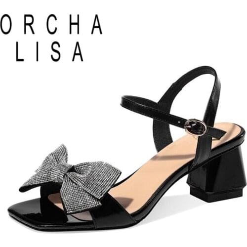 ORCHA LISA Size 33-42 Bow Design Real Genuine Leather Summer Women Sandals 5cm Square High Heels Shoes For Girls Strap B2629