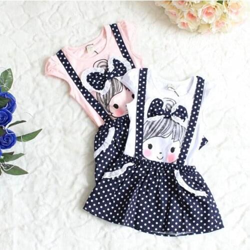 2-6Y Toddler Baby Kid Girls Clothes Set Summer Cartoon Bow T Shrits Tops Overalls Skirts Outfits Children Costumes