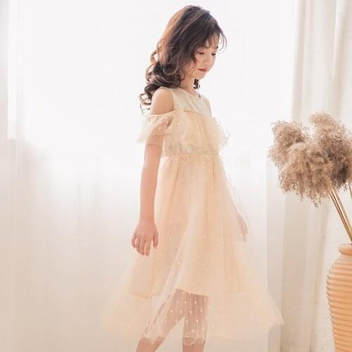 Girls Dresses 2021 Summer Mesh Teen Girl Off Shoulder Dot Princess Costume Children Clothes Wedding Party Kids Dress 4-14Y