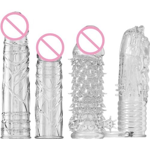 Transparent Penis Sleeve Extender Male Dildos Condom Reusable Delay Ejaculation Penis Enlargement Sex Toys for Men 4 Types