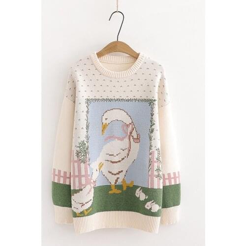 New Style Jacquard Goose Pattern Pullovers Mujer Autumn Winter Round Neck Jumper Womens Knitted Sweater Cute Pull Sueter 2021
