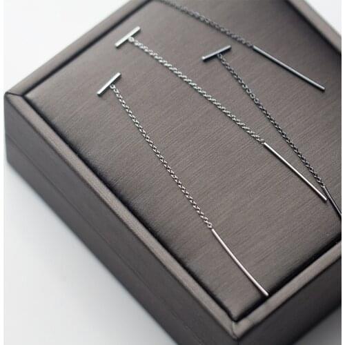 100% Real 925 Sterling Silver Simple T Shape Drop Earrings Silver and Black Color Pull Through Earring Cool Jewelry for Women