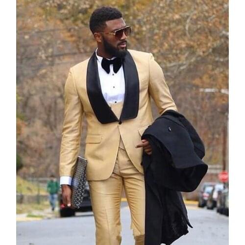 Chic Gold Three Pieces Mens Prom Suits Groomsmen Wedding Tuxedos For Men Blazers Shawl Lapel One Button Formal Suit With Jacket
