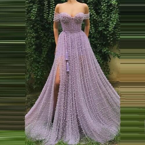 Light Purple Evening Dresses Beadings Illusion A-line Side Slit Off The Shoulder Sweetheart Spaghetti Straps Custom Made Gowns