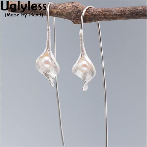Uglyless Handmade Calla lily Flowers Jewelry Sets for Women Natural Pearls Earrings Ear Lines Necklaces 925 Silver Floral +Chain