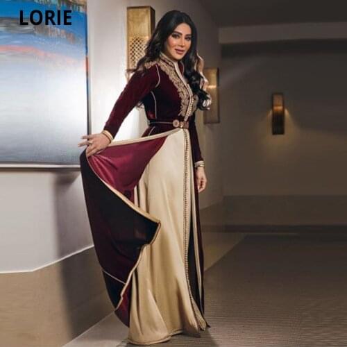 LORIE Charming Dubai Moroccan Kaftan Evening Gowns Burgundy Long Sleeves Gold Lace Appliques Prom Dresses Arabia Dress for Party