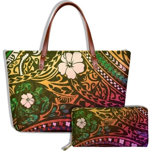 Coloranimal Polynesian Turtle With Hibiscus Print Women Casual Shoulder Bag 2Pcs/Set Crossbody Bag&Wallet Ladies Handbag Bolso