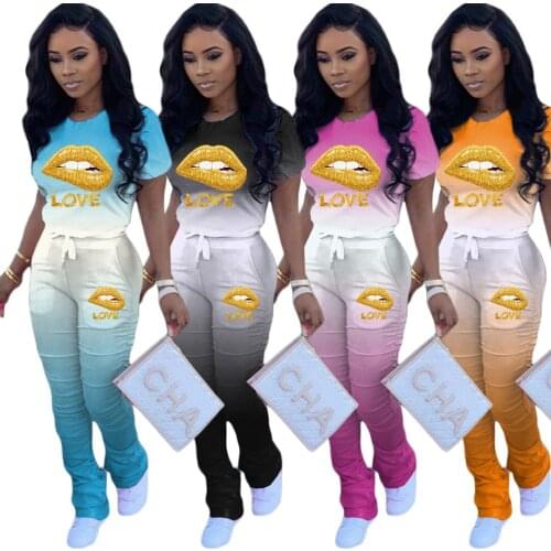 CM.YAYA Women Sport Two Piece Set Love Lip Gradient T-shirt Tops Stacked Bell Bottom Flare Jogger Suit Tracksuit Matching Set