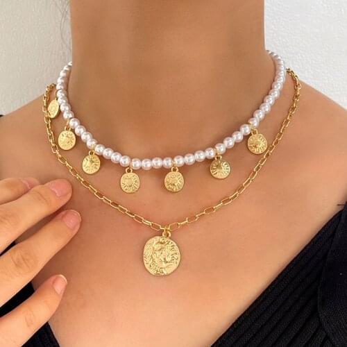 2 Pcs/Set White Pearl Bead Strand Gold Portrait Sun Round Coin Pendant Necklace Women Simulated-pearl Beaded Layered Jewelry New