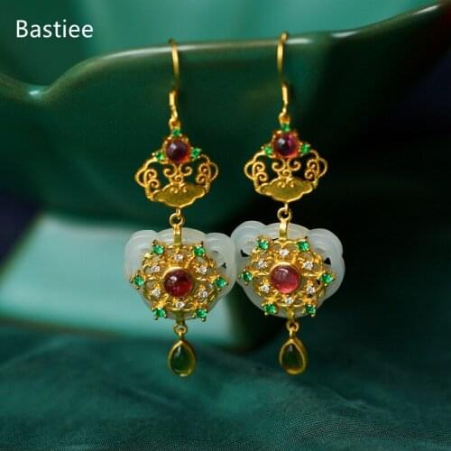 Bastiee Ethnic Earings Fashion Jewelry 925 Sterling Silver Earrings Gifts For Women Drop Earrings Vintage Jade Silver