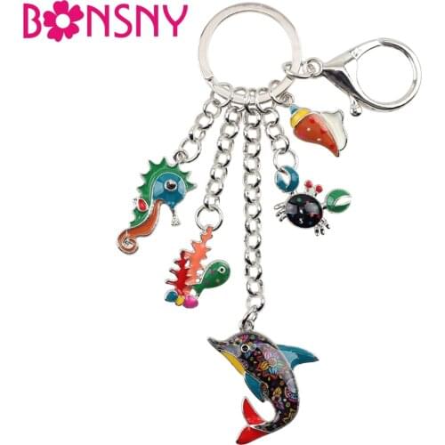 Bonsny Enamel Alloy Ocean Dolphin Crab Seahorse Key Chain Keychain Ring Sea Animal Jewelry For Women Girls Bag Car Wallet Charms
