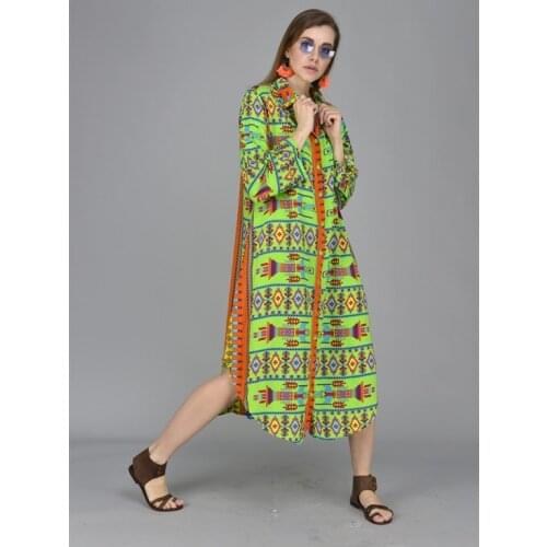 Aztec Pattern Green Color Shirt Collar Long Dress 2021 New Fashion Bohemian Style Authentic Womens Clothing