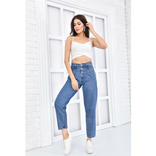 Diaves Young Women Summer Fashion High Waist Metallic Button Detail Mom Jeans Pants