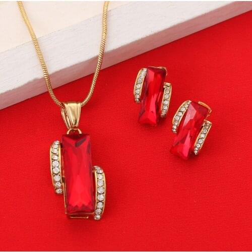 European and American New Fashion Golden Hollow Geometric Big Red Crystal Stone Earrings Pendant Jewelry