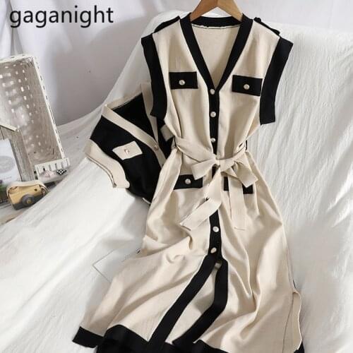 Gaganight Sexy V Neck Buttons Knitted Dress Korean Women Slim Slit Midi Dress Casual Sleeveless Lace Up Bodycon Desses Robe 2021