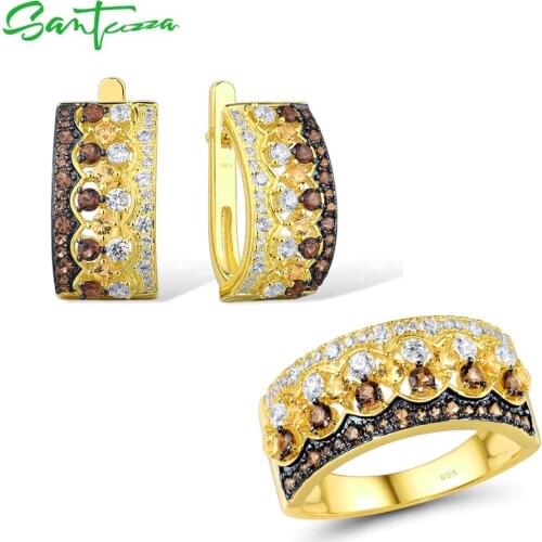 SANTUZZA Jewelry Set For Women 925 Sterling Silver Nano Brown Spinel White Cubic Zirconia Earrings Ring Set Party Fine Jewelry
