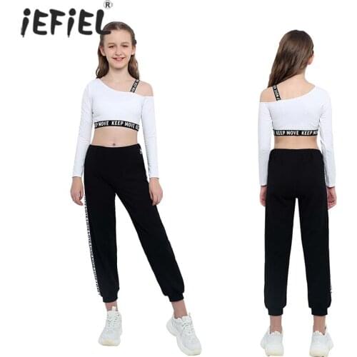 Kids Girls Clothes Sets Stripe Long Sleeve Letter Sport Tanks Crop Top with Pants Trousers Workout Dancewear Gymnastics Outfits