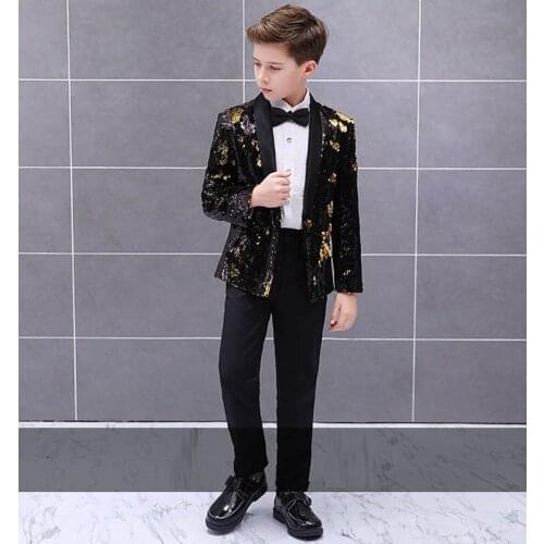 Graduation Prom Party Boys Suits Black Shiny Stage Performance Boys Tuxedo Kid Wedding Suit Child Blazer with Pants set 2 piece