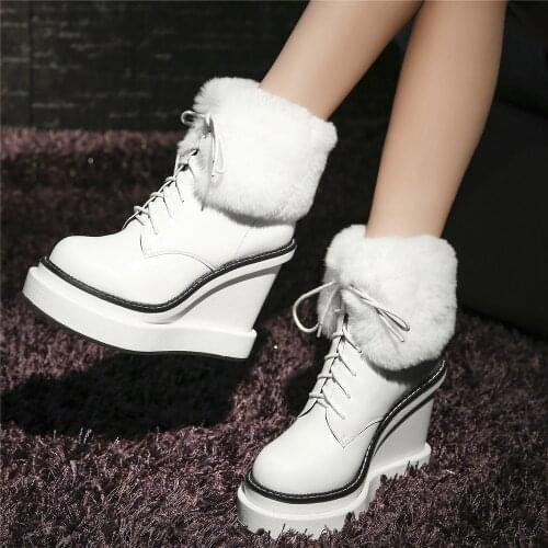 2021 Casual Shoes Women Lace Up Genuine Leather Wedges High Heel Motorcycle Boots Female Winter Warm Rabbit Fur Fashion Sneakers