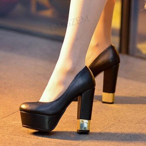 LAIGZEM Women Heels Real LEATHER Chunky Thick Heels Pump Sandals Cosplay Club Dress Party Quality Shoes Woman Big Size 33 41 43