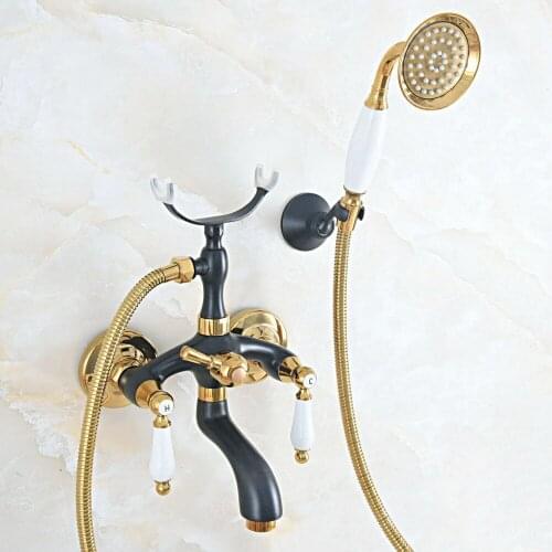 Oil Rubbed & Gold Brass Two Handle Wall Mounted Bathroom Bath Tub Faucet Set with 150CM Hand Held Shower Spray Mixer Tap 2na552