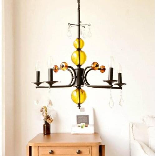 Foyer Traditional Yellow glass Chandelier led candestick for restaurant kitchen wedding lighting iron Cafe Bar lighting indoor