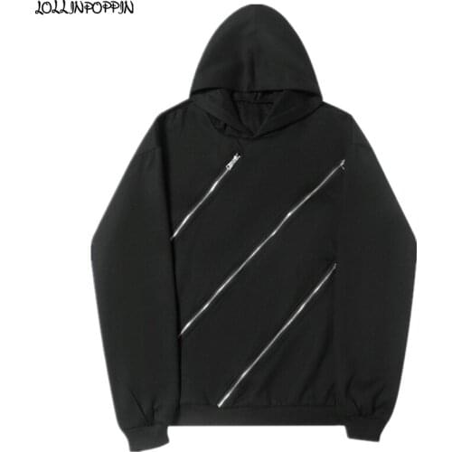 Triple Zipper Embellished Men Loose Hoodies 2021 Spring Autumn Male Casual Hoody Hooded Sweatshirts Black / White