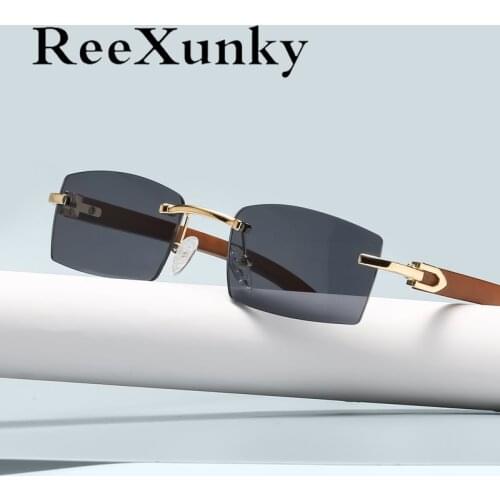 New 2021 Rimless Rectangle Sunglasses Women Vintage Steampunk Mens Sunglasses Unique Wood Grain Design Shades Lunette Femme