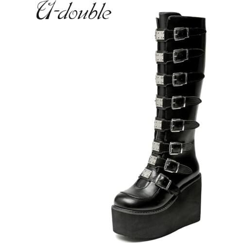 U-DOUBLE 2021 New Punk Women Boots Ins Hot Plataforma High Heels Big Size 43 Gothic Style Wedges Shoes Fashion Ankle Boots Woman
