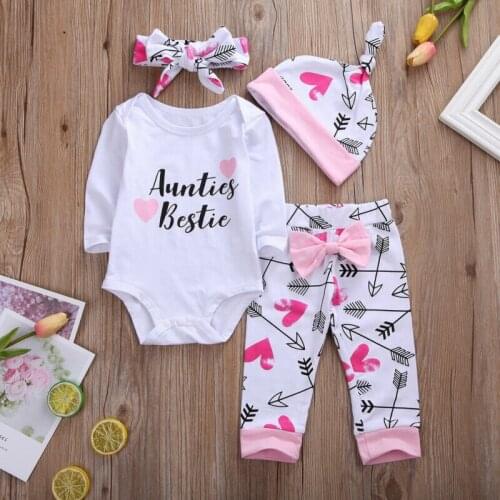 Newborn Infant Baby Girls 4Pcs Outfits Set Letter Print Romper Bodysuit Long Sleeve Top Knot Pants Headband Cap Xmas Clothes