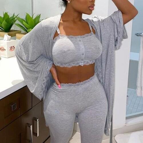 Solid Lace Crochet Bra Crop Tops & Skinny Pants & Open Front Long Coats Set Loungewear Casual Women 3 Piece Set