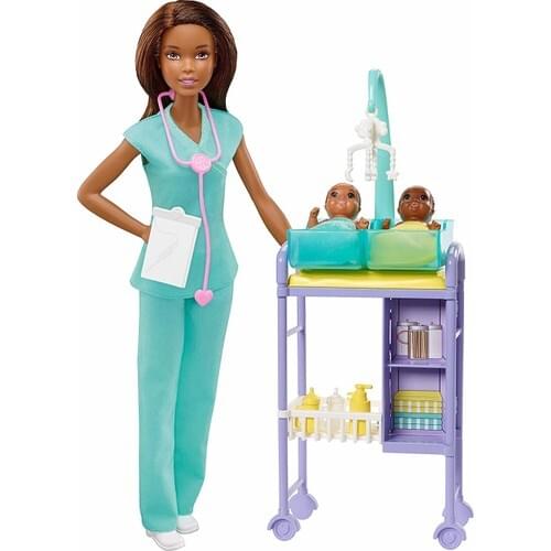 Original Barbie Baby Doctor Playset with Brunette Doll 2 Infant Dolls, Exam Table and Accessories GKH24 Toy Gift Girls