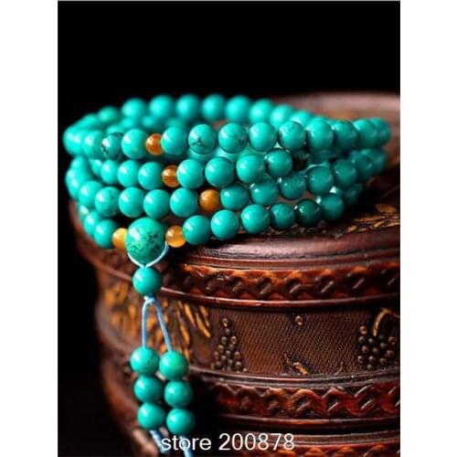 BRO536 Tibetan 108 beads 6/8mm GREEN Enhanced Turquoises Meditation Prayer Mala Necklace