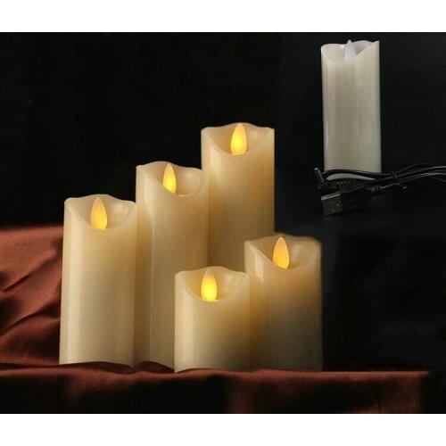 USB powered Rechargeable led pillar paraffin candle wavy edge moving wick Wedding Xmas Party bar Church decor 5.3CM(Dia.)-Amber