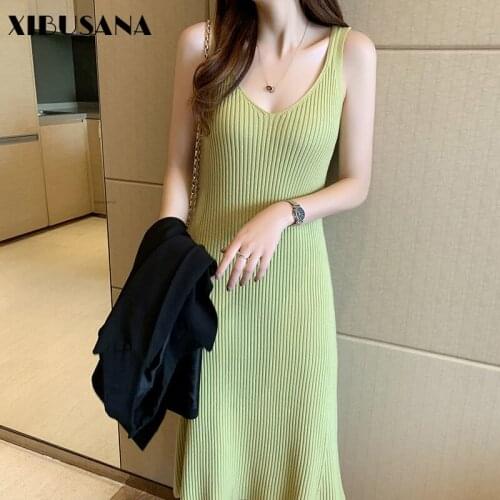 XIBUSANA Strap Dress for Womens 2020 Autumn Winter Solid Sexy Sleeveless V-Neck High Waist Knitting Cotton Slim Dresses Female