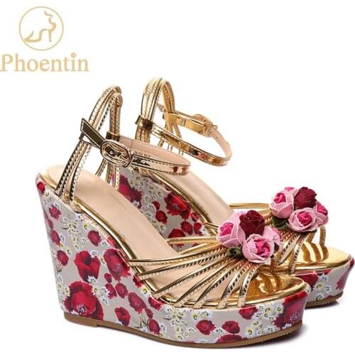 Phoentin platform wedge sandals with flower printing ankle buckle gold women shoes high heel 11cm leather sandals handmade FT387