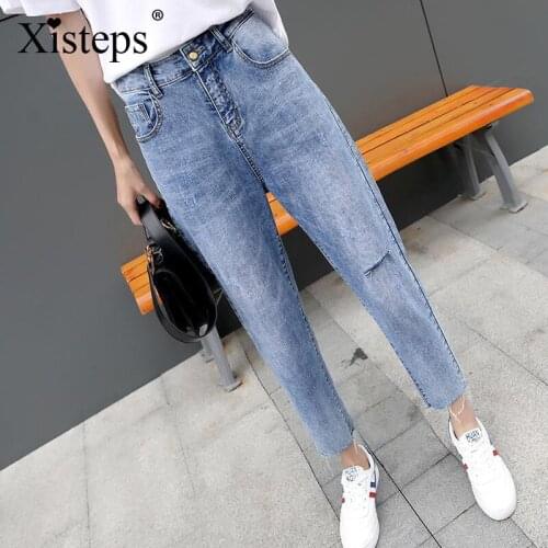 Xisteps New 2020 Mid Waist Loose Harem Women Jeans No Stretch Holes Washed Denim Pants Ankle Length Blue Casual Street Wear