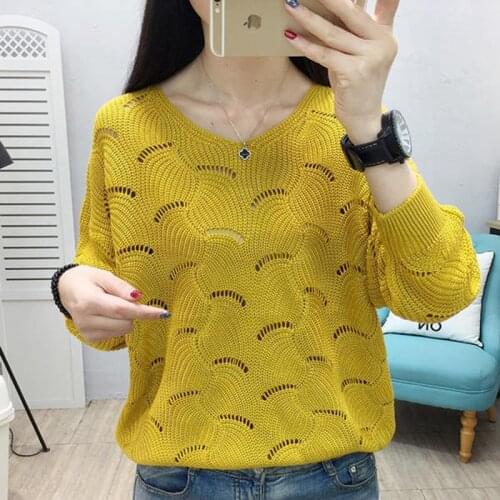 2021 New Hollow Out Womens Sweater Autumn Casual V-Neck Long Sleeve Pullover Loose Knitted Top Korean Bottom Thin Jumper Female