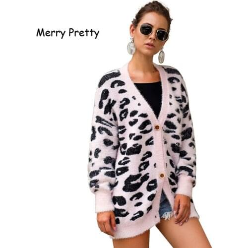 Merry Pretty Leopard Print Knitted Cardigans Women V-Neck Lantern Sleeve Oversize Sweaters Female Single brested knit warm coat