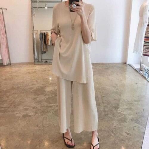 Korean Chic Fashion Casual Knitted 2 Piece Set Women Pullover Sweater Top + Wide Leg Pants Suits Summer Loose Two Piece Set