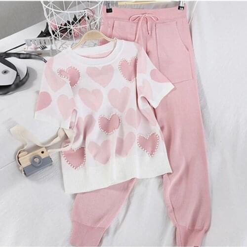 2021 New Womens Knitting 2 Piece Set Love Heart Shaped Beaded Short Sleeve O-Neck Tops + Bow Lace-Up Long Pants Suit
