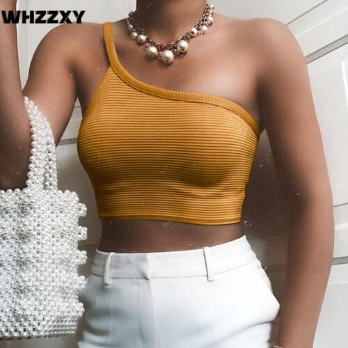 Sexy Slim Tanks Women Irregular Shoulder Camis Yellow Black Crop Top 2020 Summer Fashion Streetwear