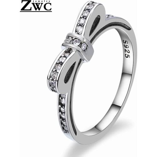 ZWC Simple Design Fashion Bow Cubic Zirconia Rings for Women Wedding Engagement Unique Shaped Sparkling Crystal Ring Jewelry