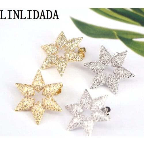 3Pairs, 25mm Gold Silver Color CZ Micro Pave Star Stud-Earrings Wedding Jewelry Romantic Zirconia for Girl Women Gift