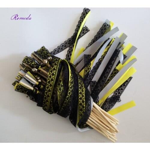 50pcs/lot Yellow grey Wedding Ribbon Wands stick with black lace and big Bells for wedding decoration