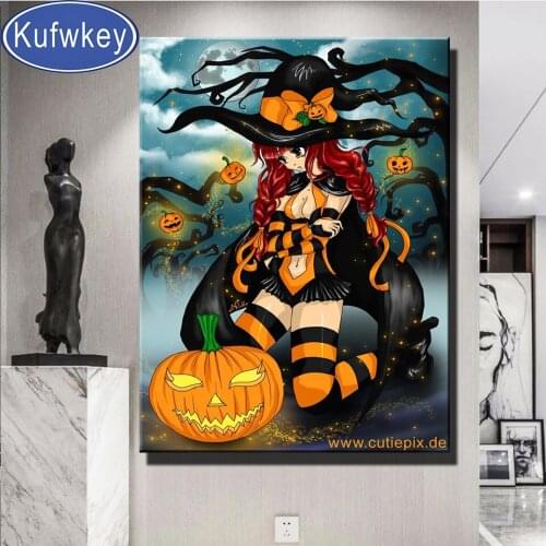 5D Diamond Painting Kits for Halloween Pumpkin Witch Girl DIY Diamond Mosaic Art Kits Full Drill Round Halloween Gift Home Decor