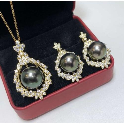 D102 Fine Jewelry Pure 925 Sterling Silver Natural Ocean Tahiti Black Pearl Females Jewelry Sets for Women FIne Sets
